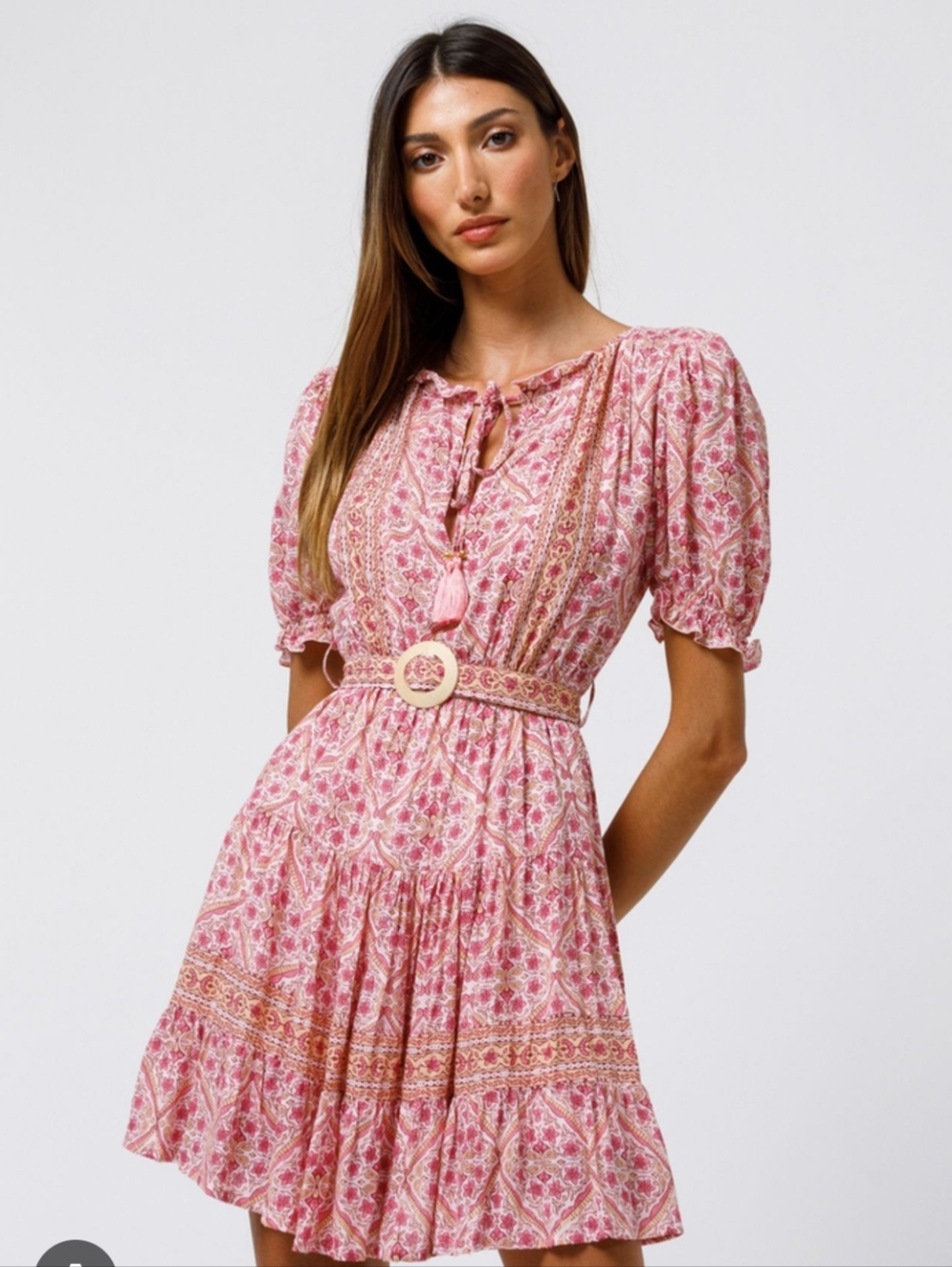 BEACHGOLD Rose-Pink Paisley Tiered Midi Dress with Tassel Belt